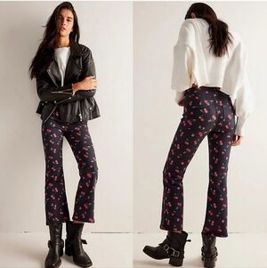 New Free People We The Free "In My Feelings" Cherry Print Crop Slim Flare Jeans